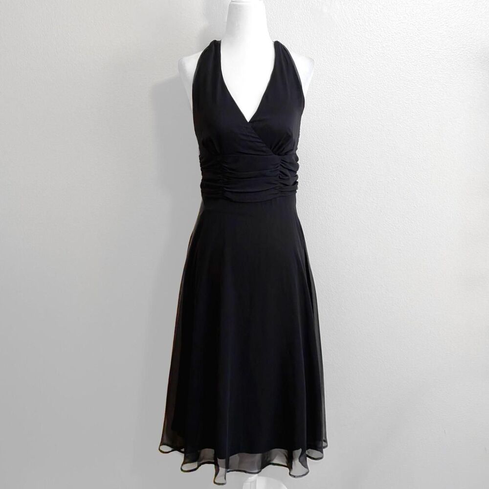 Vintage Connected Apparel Black Flowy Chiffon Halter Neck Midi Dress | Size 8